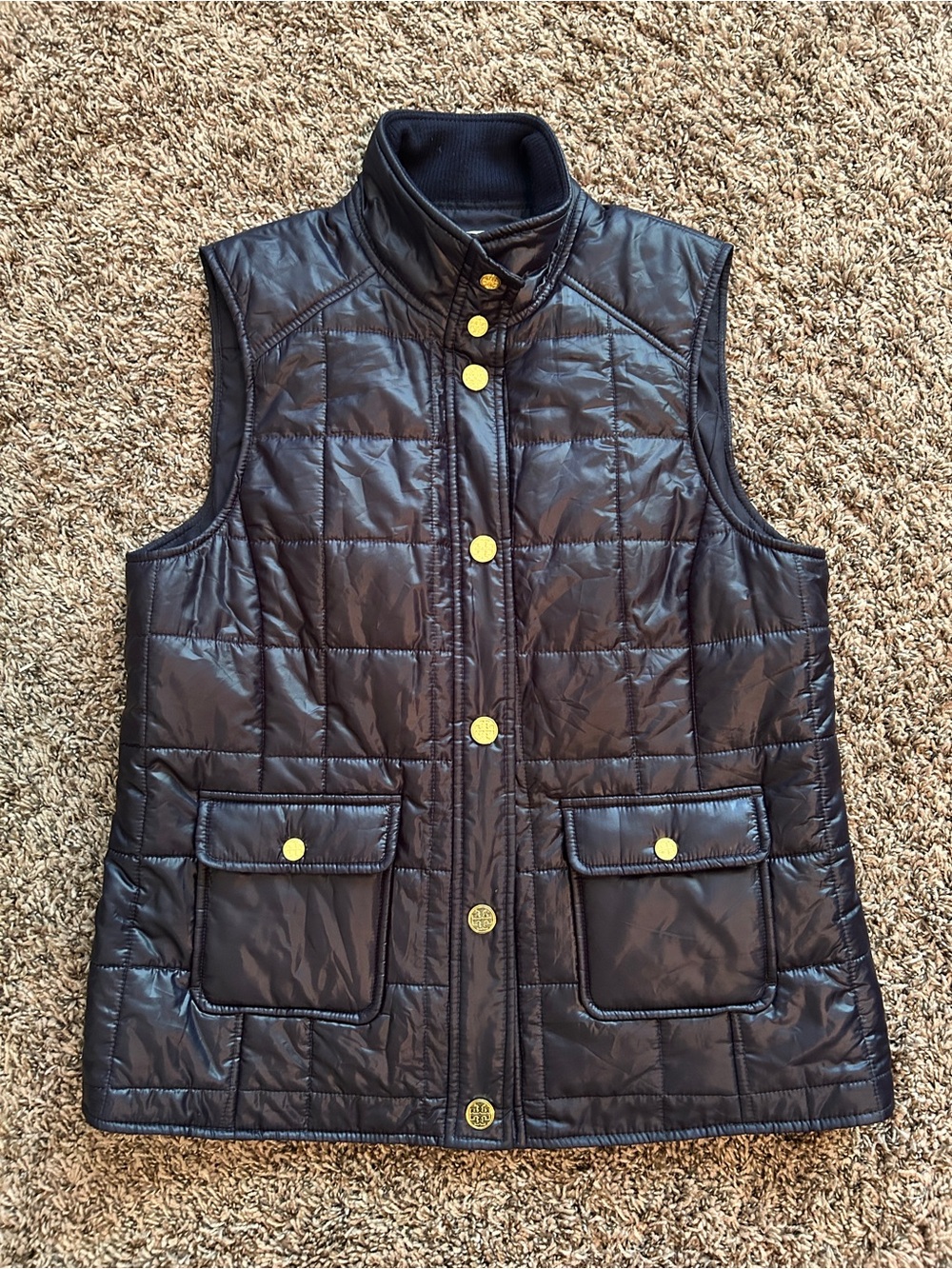 Tory Burch Navy Quilted Snap-Front Vest with Gold Buttons